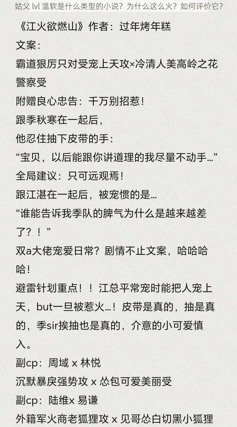 姑父 lvl 温软是什么类型的小说？为什么这么火？如何评价它？