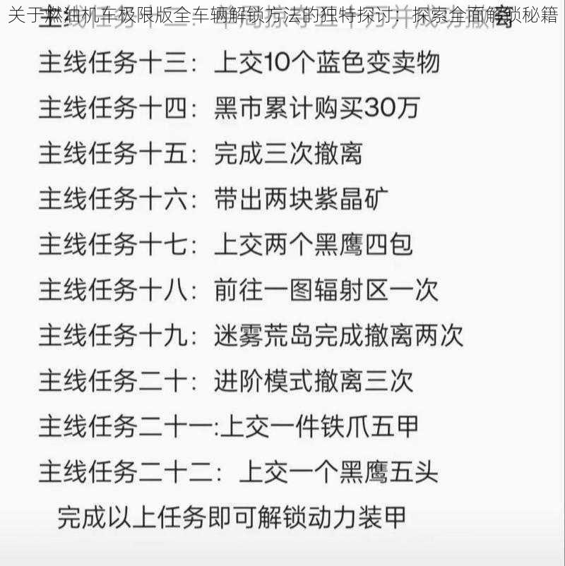 关于燃油机车极限版全车辆解锁方法的独特探讨：探索全面解锁秘籍