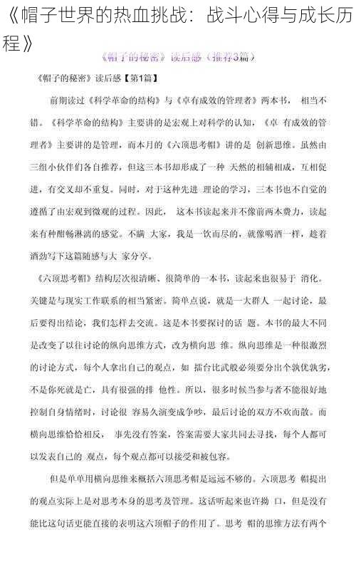 《帽子世界的热血挑战：战斗心得与成长历程》